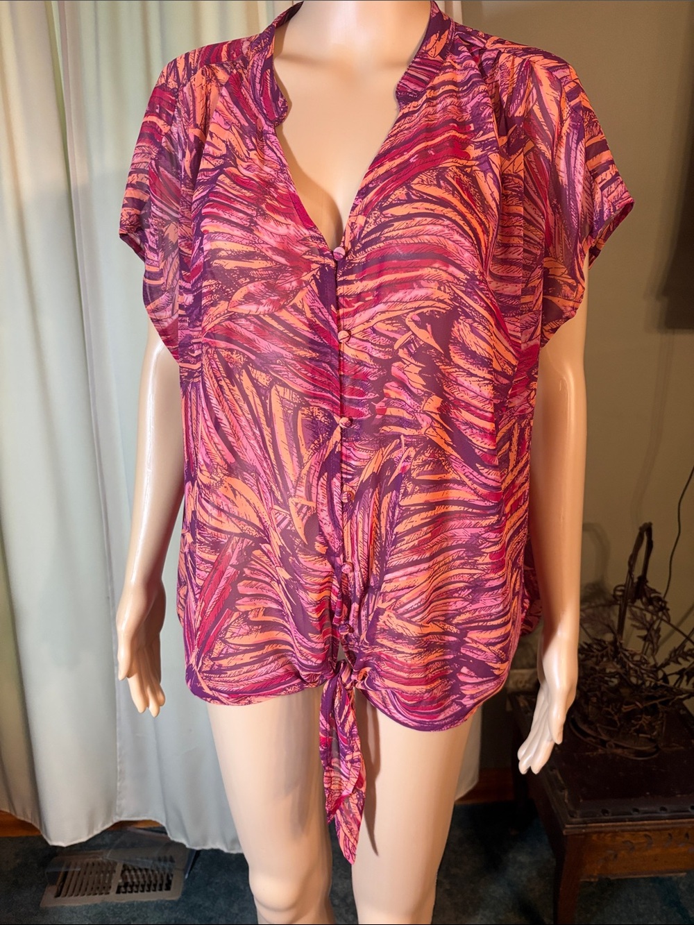 a.n.a Pink & Orange Tie-Front Short Sleeve Blouse